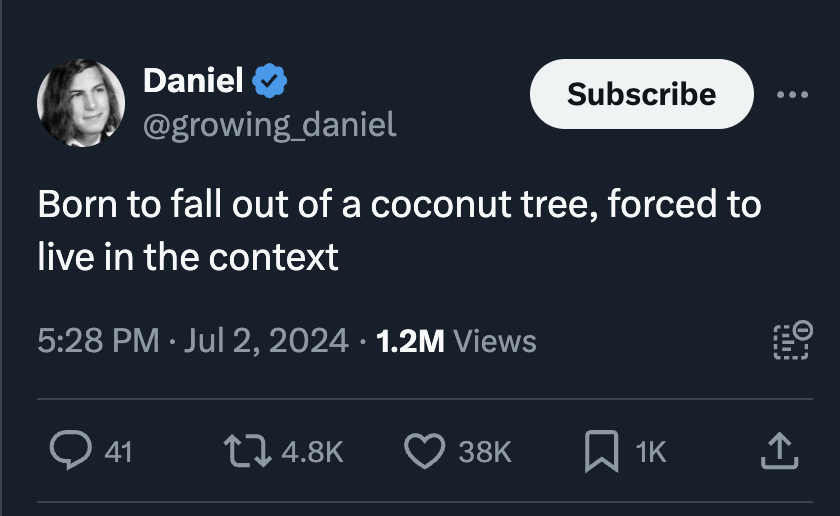 screenshot - Daniel Subscribe Born to fall out of a coconut tree, forced to live in the context 1.2M Views 41 38K 1K